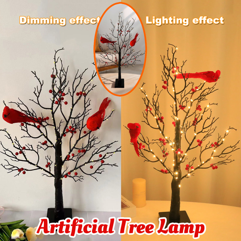 Lighted Mini Birch Tree Light LED Cardinals Christmas Tree Vintage Glowing Tree Light For Table Holiday Home Xmas Decoration