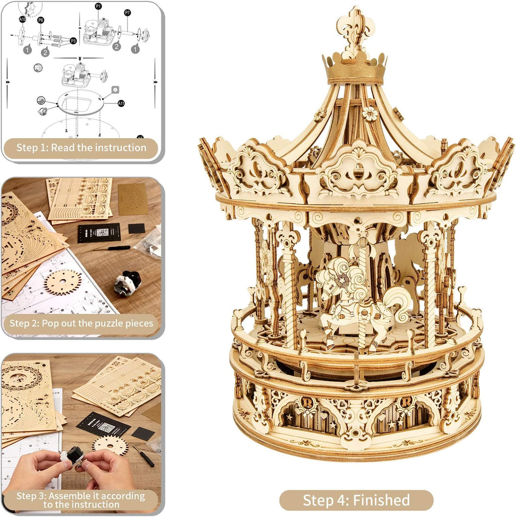 Robotime ROKR Carosello Romantico AMK62 - Music Box 3D Legno Rotante 800g