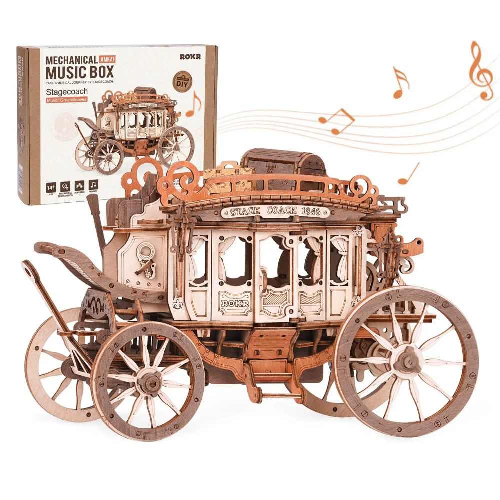 Robotime ROKR Diligenza Music Box - Puzzle 3D Legno Western Vintage con Musica