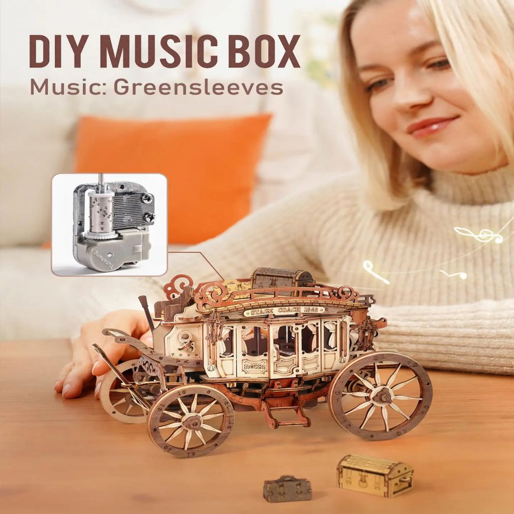 Robotime ROKR Diligenza Music Box - Puzzle 3D Legno Western Vintage con Musica