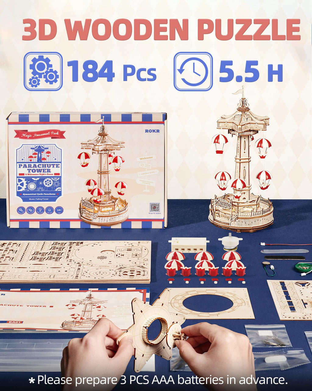 Robotime ROKR Torre Paracadute Music Box - Puzzle 3D Legno Parco Divertimenti con Musica