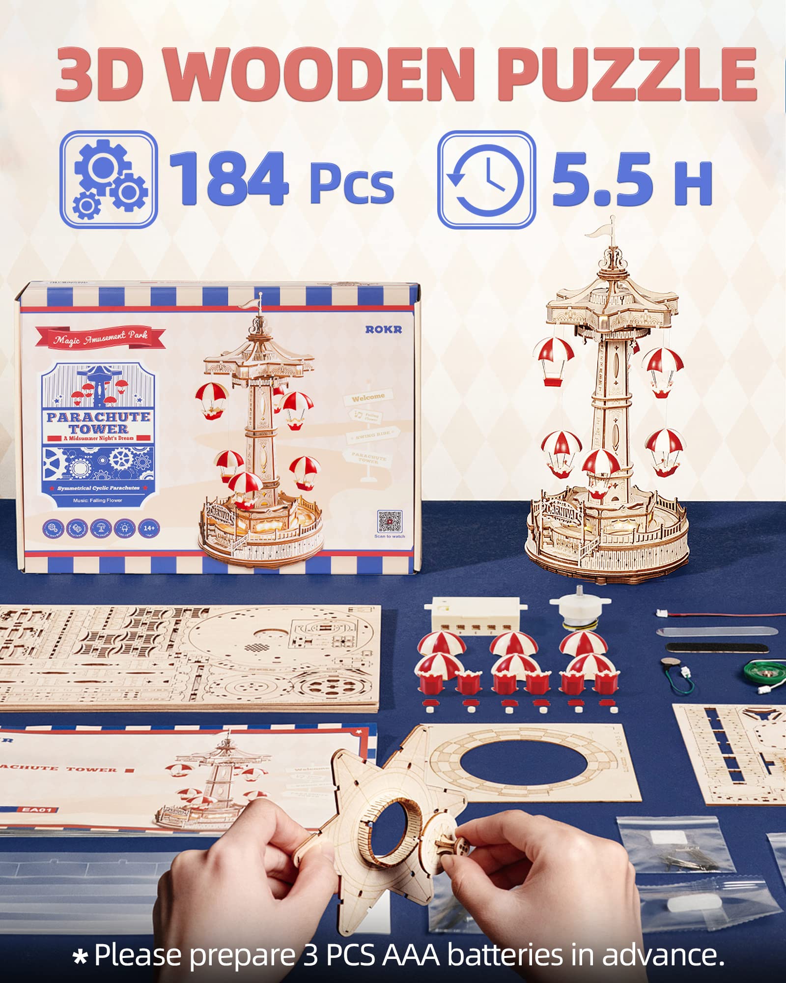 Robotime ROKR Torre Paracadute Music Box - Puzzle 3D Legno Parco Divertimenti con Musica