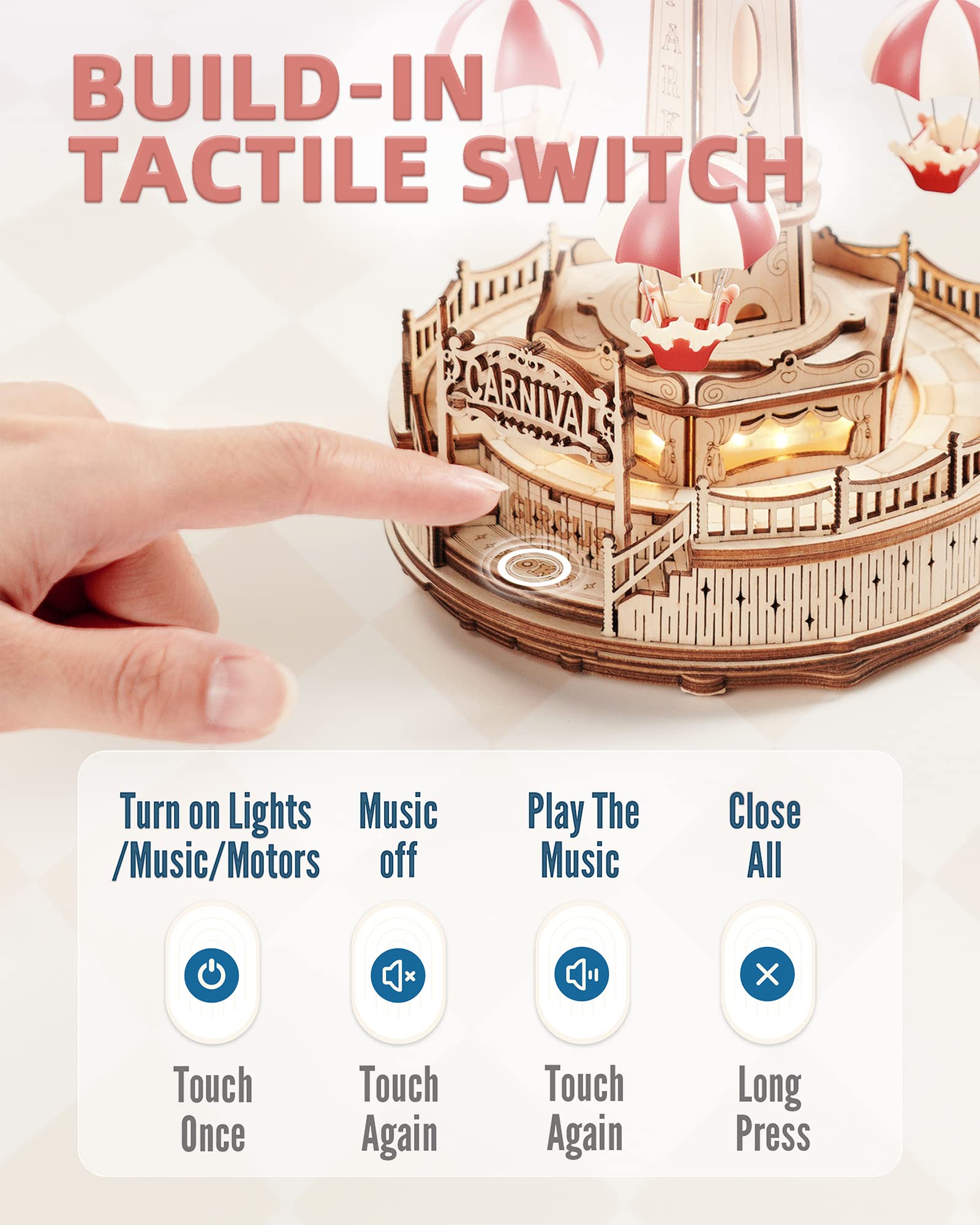 Robotime ROKR Torre Paracadute Music Box - Puzzle 3D Legno Parco Divertimenti con Musica