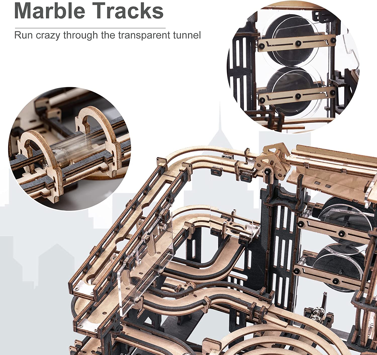 Robotime ROKR Marble Night City - Pista Biglie 3D Legno con Ruota Idraulica Luminosa