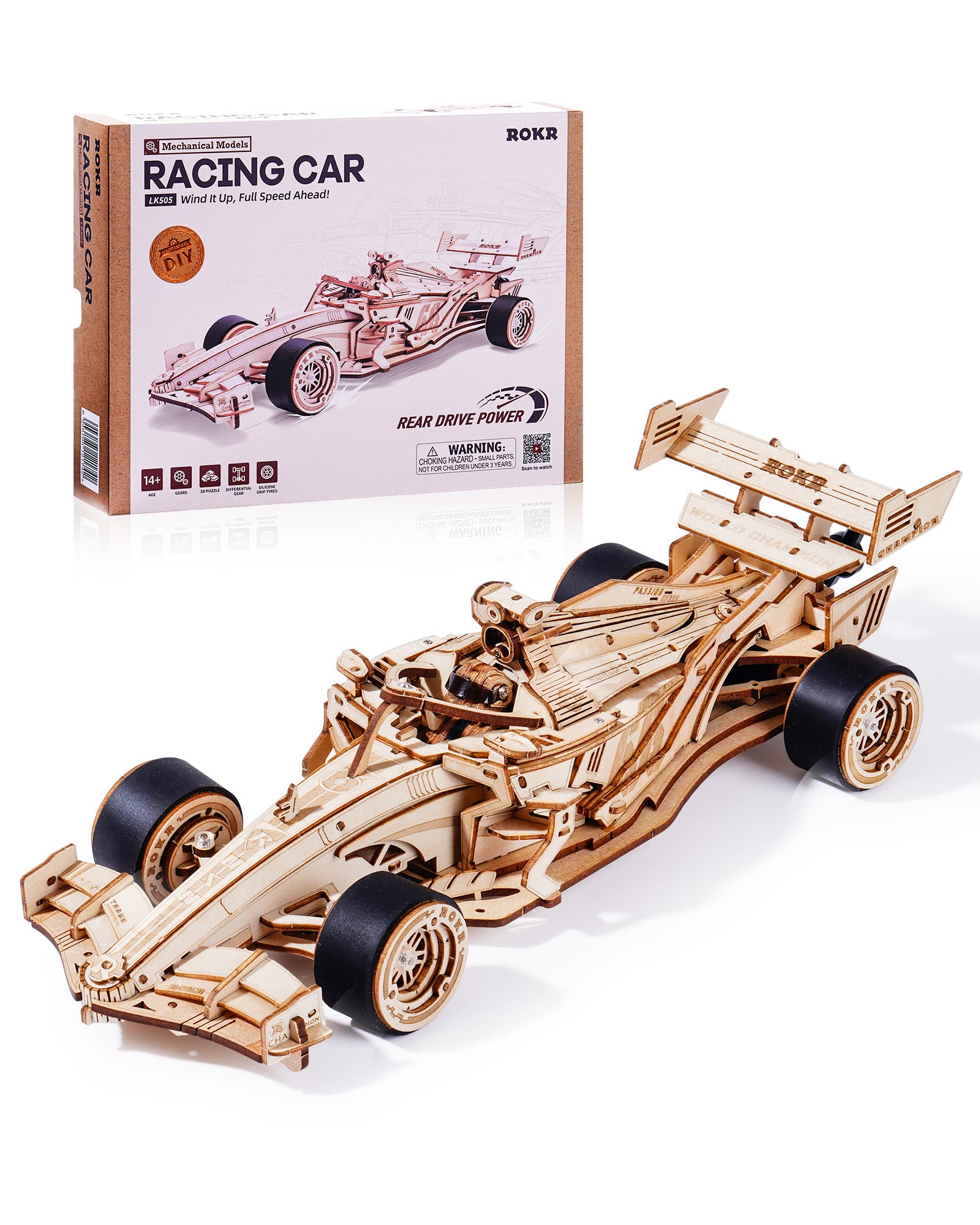 Robotime Auto da Corsa 3D in Legno con Motore Meccanico Ruggente - Puzzle Modellismo