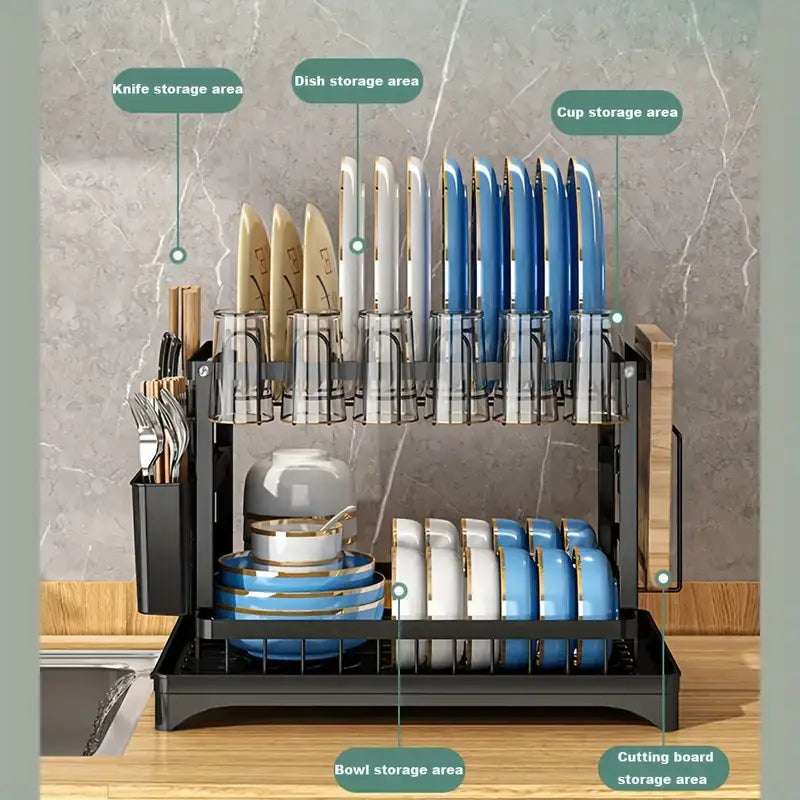 1pc dish drying rack for kitchen counter over the sink detachable larger capacity 2 tier dish drying rack drainboard set with double layer bowl rack cup rack drain board sticky board rack cutlery rack kitchen accessories black white details 8