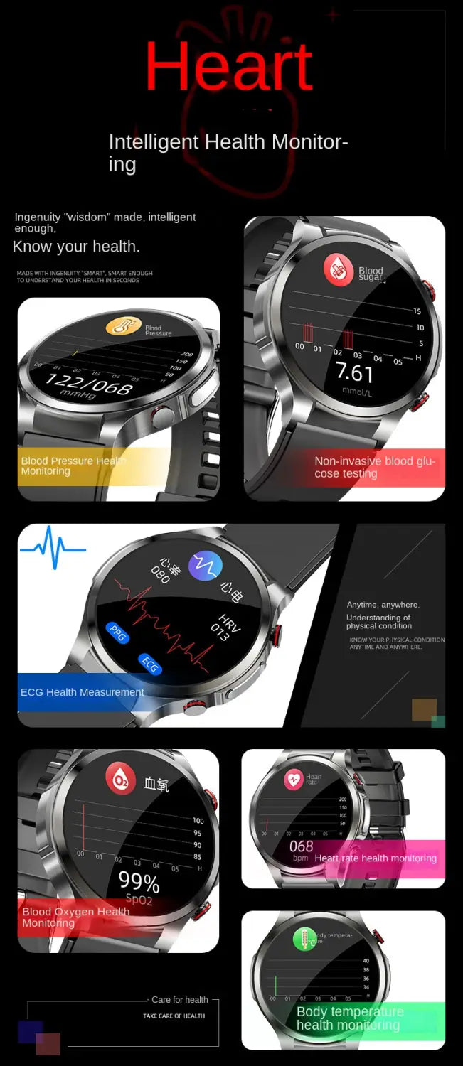 Blood glucose measurement electrocardiogram blood pressure heart rate body temperature exercise communication smart