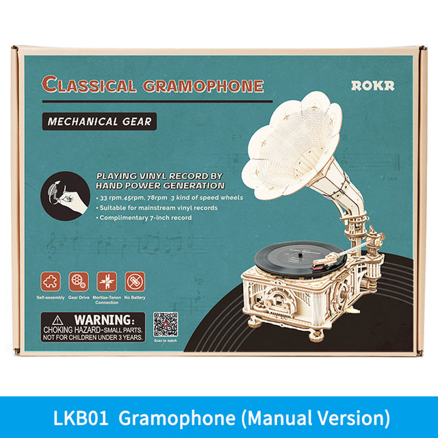 ROKR Grammofono Vintage 3D in Legno | Puzzle Meccanico con Manovella Funzionante