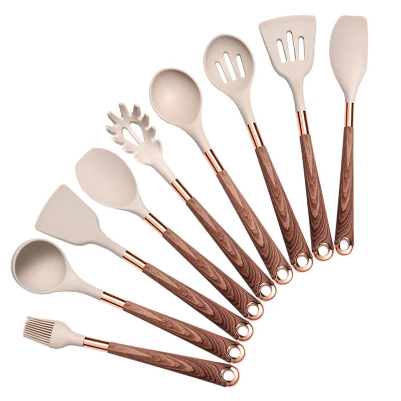 Set di utensili da cucina da 10 pezzi set di utensili da cucina con manico in legno utensili da cucina in silicone