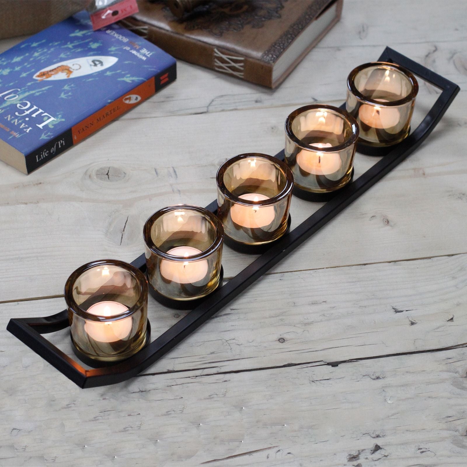 Centrepiece Iron Votive Candle Holder - 5 Cup Ledge - Centerpiece Iron Votive Candle Holders