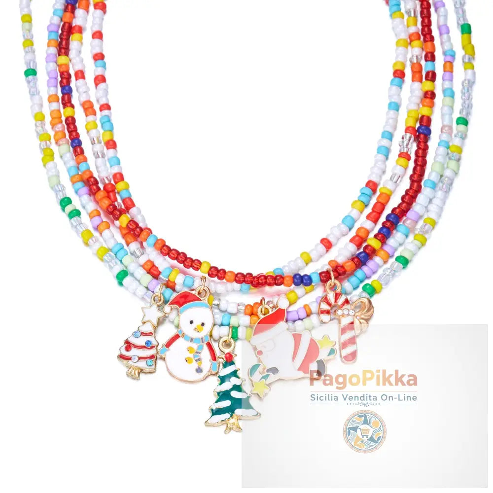 Christmas Cartoon Santa Bell Snowman Snowflake Pendant Colorful Seed Bead Necklace for Women