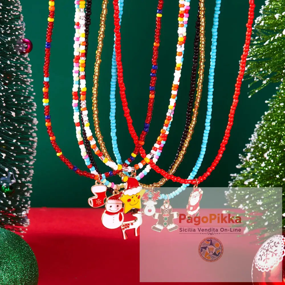 Christmas Cartoon Santa Bell Snowman Snowflake Pendant Colorful Seed Bead Necklace for Women