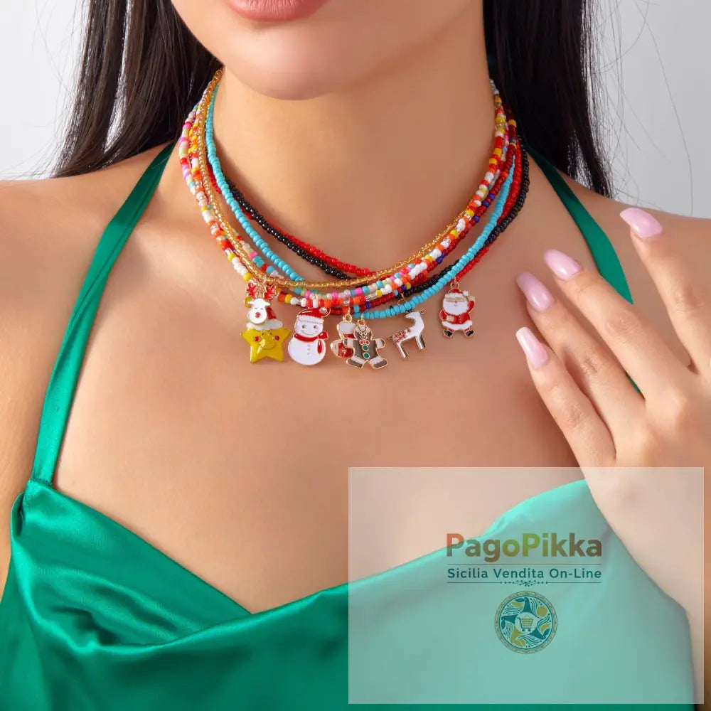 Christmas Cartoon Santa Bell Snowman Snowflake Pendant Colorful Seed Bead Necklace for Women