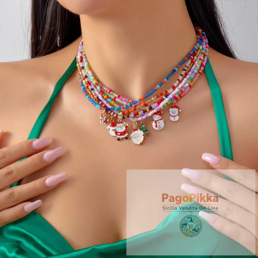 Christmas Cartoon Santa Bell Snowman Snowflake Pendant Colorful Seed Bead Necklace for Women