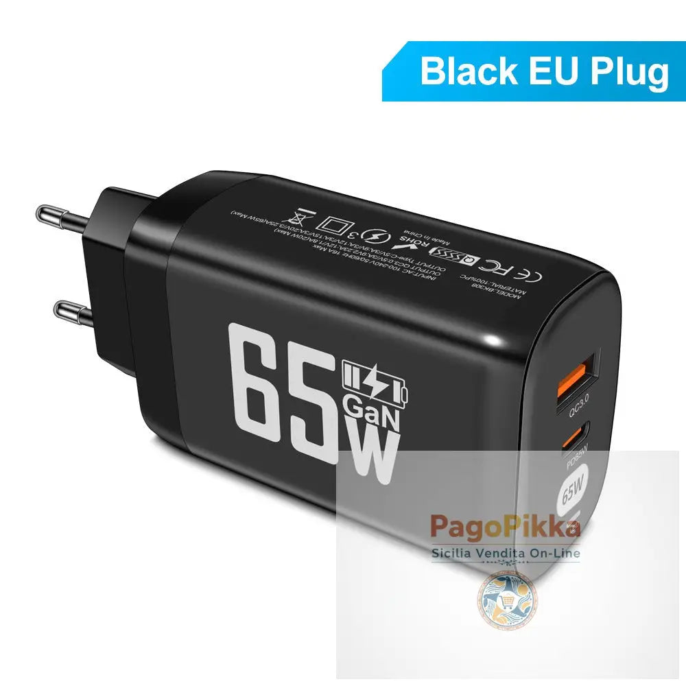 Computer laptop adapter GaN GaN PD65W fast charging head QC3.0 charger - EU-Black