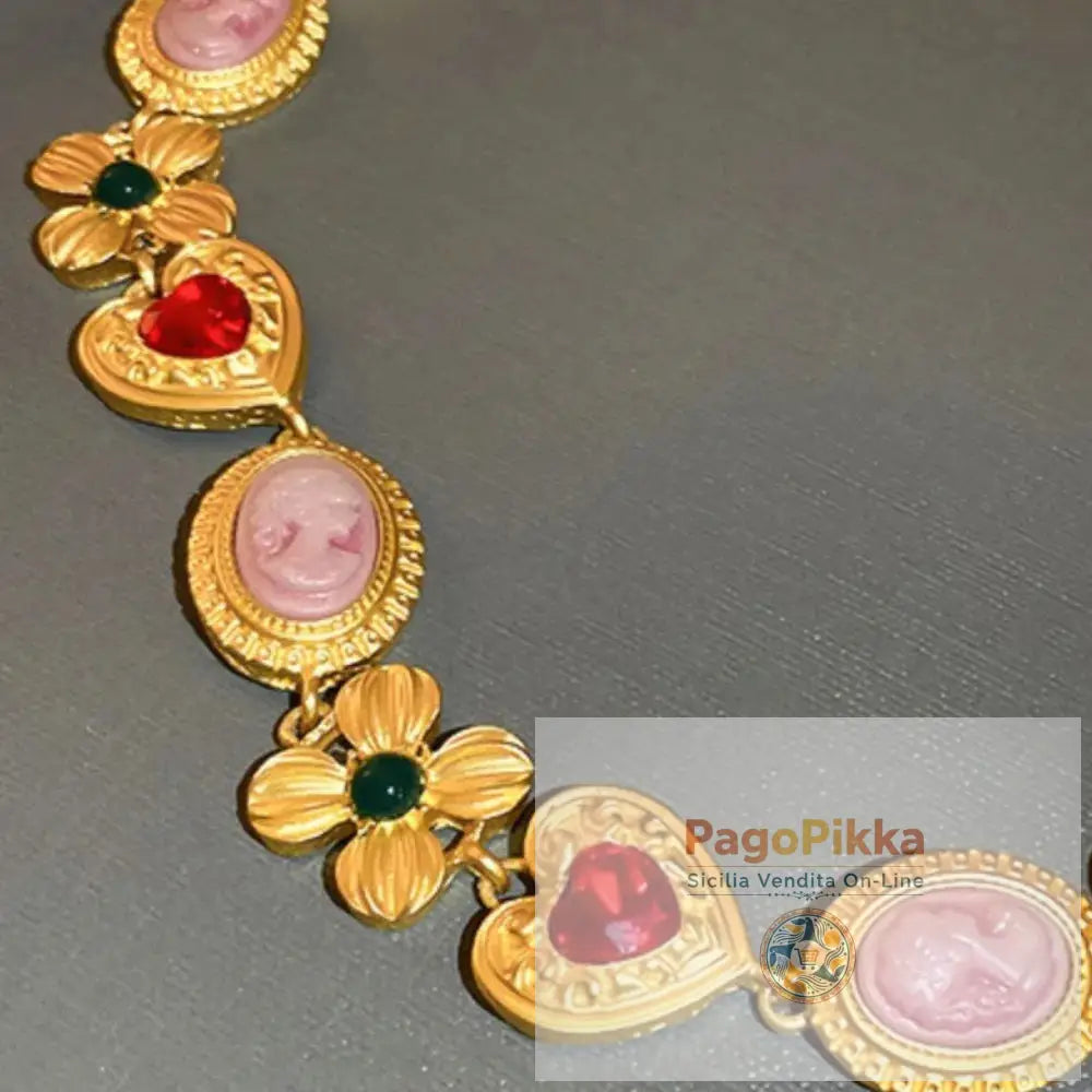 Copper Inlaid Rhinestone Necklace - Gold / One Size