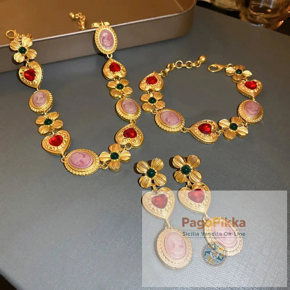 Copper Inlaid Rhinestone Necklace - Gold / One Size