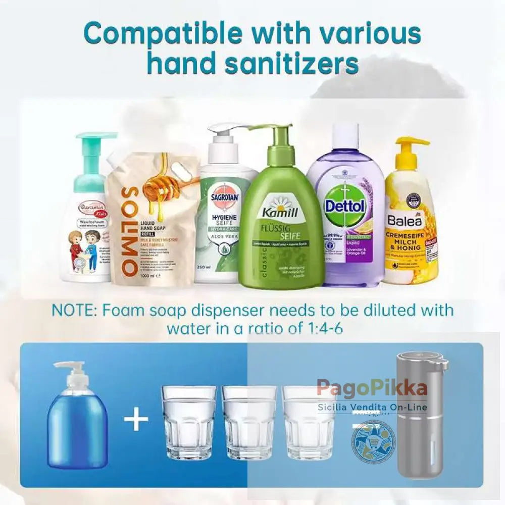 Dispenser di sapone sensore senza contatto per bagno e cucina. Offre modalità schiuma e liquido.