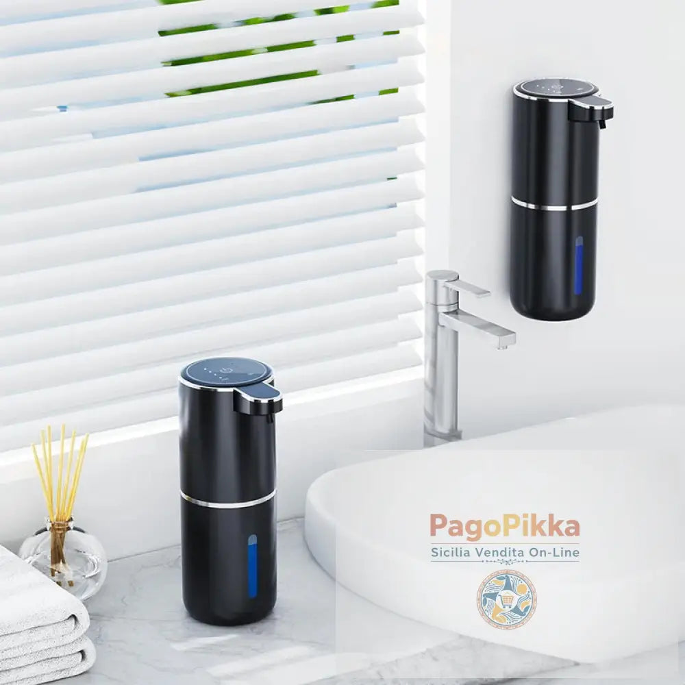 Dispenser di sapone sensore senza contatto per bagno e cucina. Offre modalità schiuma e liquido.