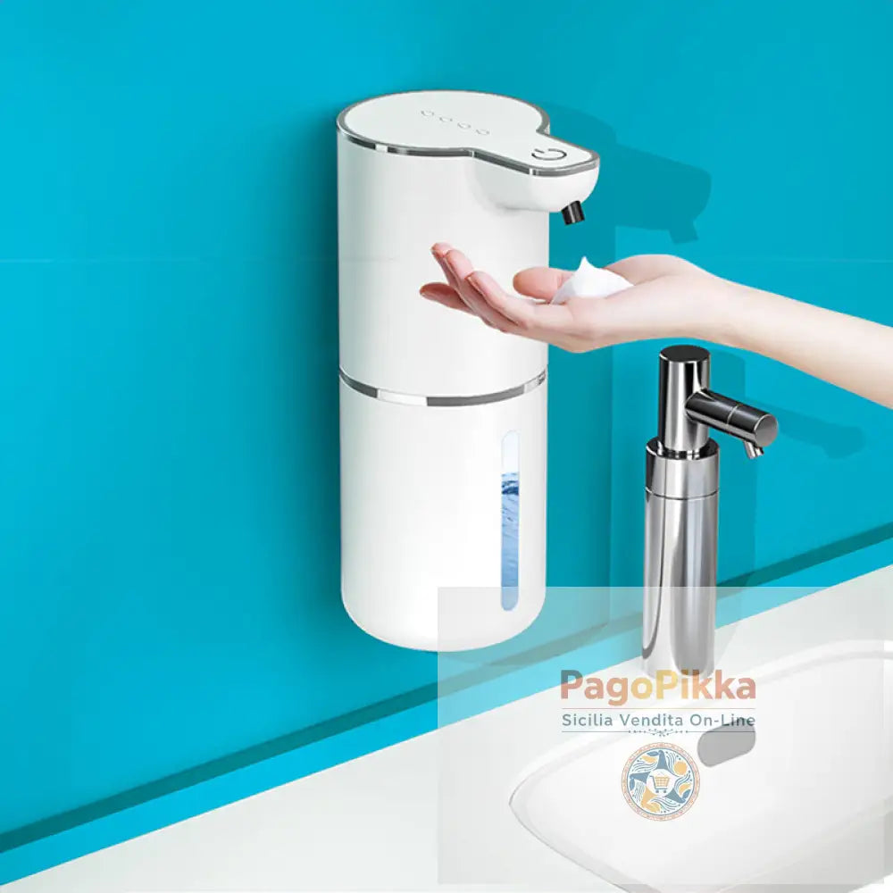 Dispenser di sapone sensore senza contatto per bagno e cucina. Offre modalità schiuma e liquido.