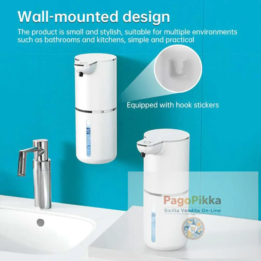 Dispenser di sapone sensore senza contatto per bagno e cucina. Offre modalità schiuma e liquido.
