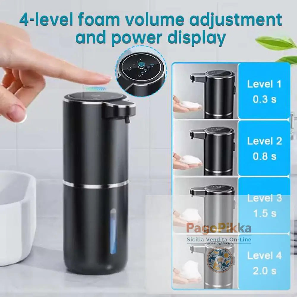 Dispenser di sapone sensore senza contatto per bagno e cucina. Offre modalità schiuma e liquido.