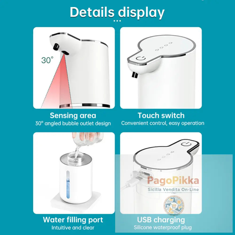 Dispenser di sapone sensore senza contatto per bagno e cucina. Offre modalità schiuma e liquido.