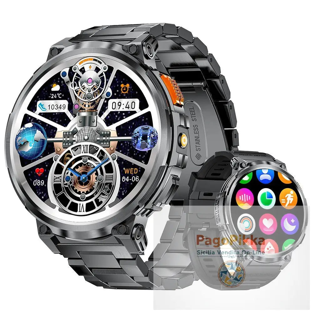 K66 Outdoor Sports with Flashlight Smart Watch for Men - Black Asymmetric Three-Buckle Steel Strap + Black Silicone