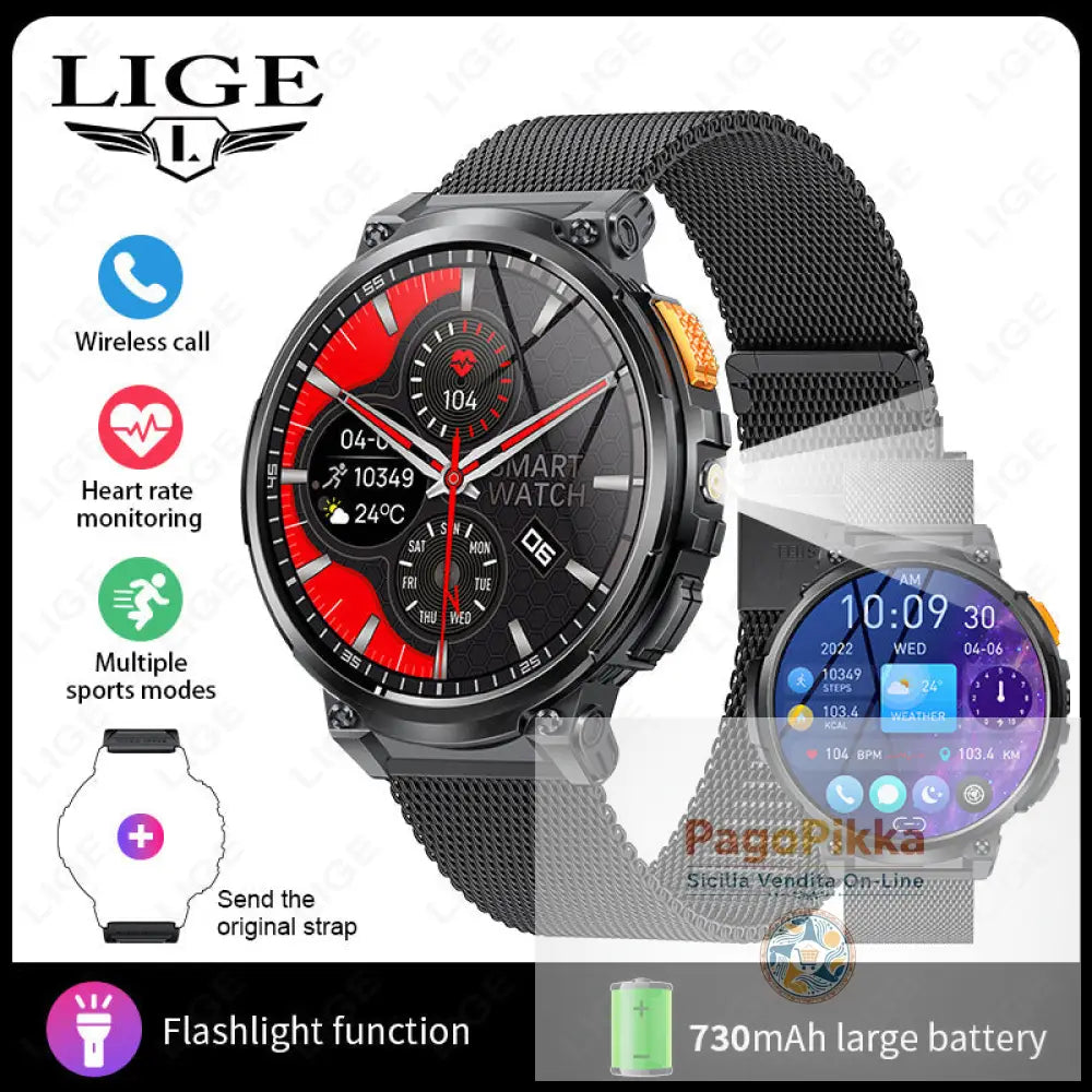 K66 Outdoor Sports with Flashlight Smart Watch for Men - Black Mesh Strap + Black Silicone Strap