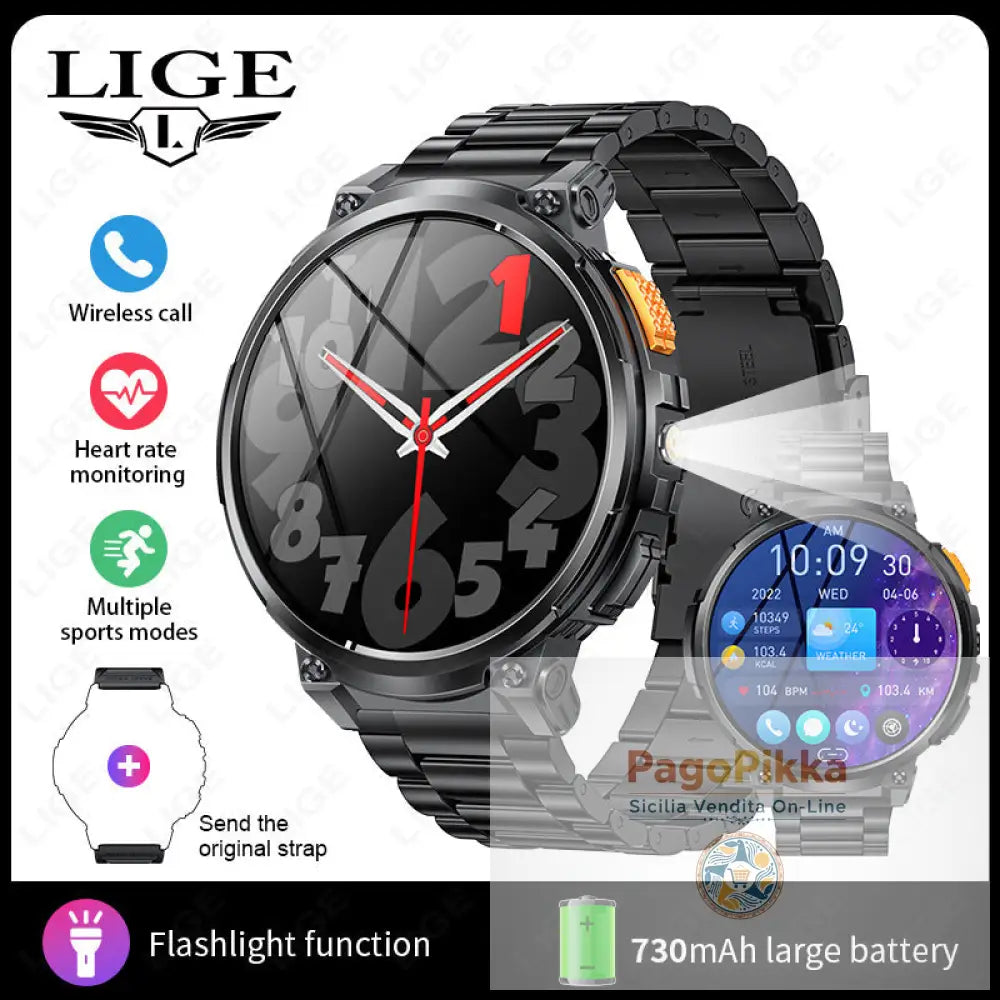 K66 Outdoor Sports with Flashlight Smart Watch for Men - Black Steel Strap + Black Silicone Strap