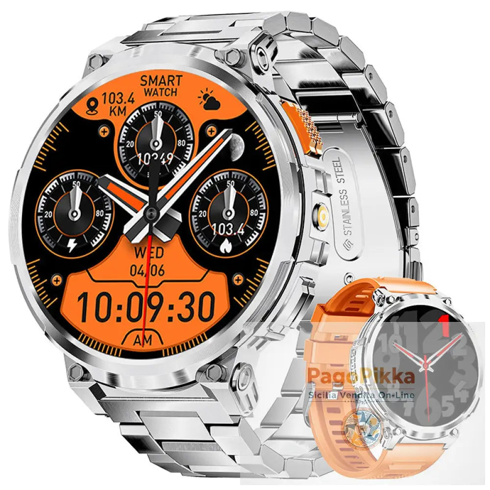 K66 Outdoor Sports with Flashlight Smart Watch for Men - Silver Irregular Three-Strap Steel Band + Orange Silicone Strap