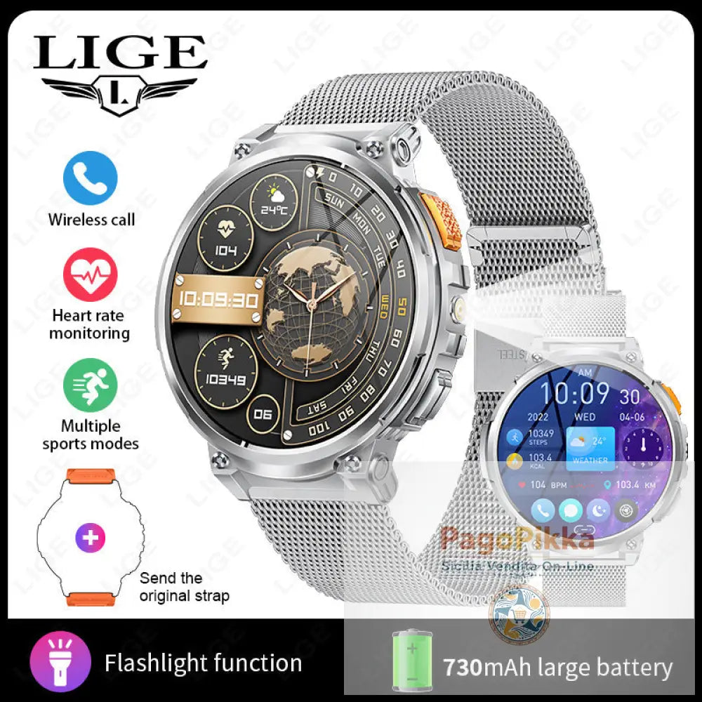 K66 Outdoor Sports with Flashlight Smart Watch for Men - Silver mesh strap + orange silicone strap