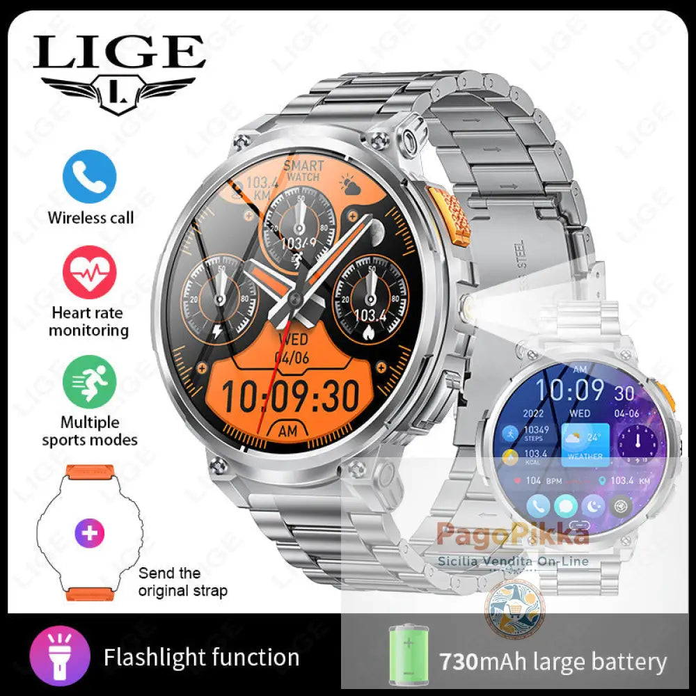 K66 Outdoor Sports with Flashlight Smart Watch for Men - Silver steel band + orange silicone band