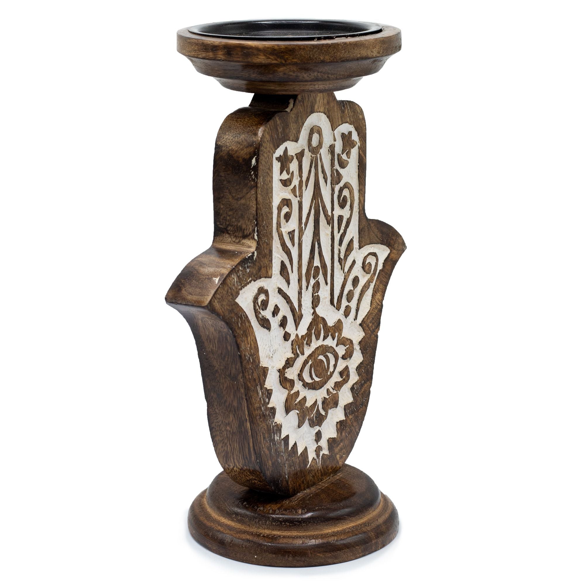 Mango Wood Candle Stand - Hamsa - Large 25x18cm - Wooden Candle Holders
