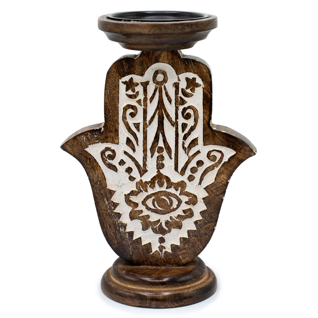 Mango Wood Candle Stand - Hamsa - Large 25x18cm - Wooden Candle Holders
