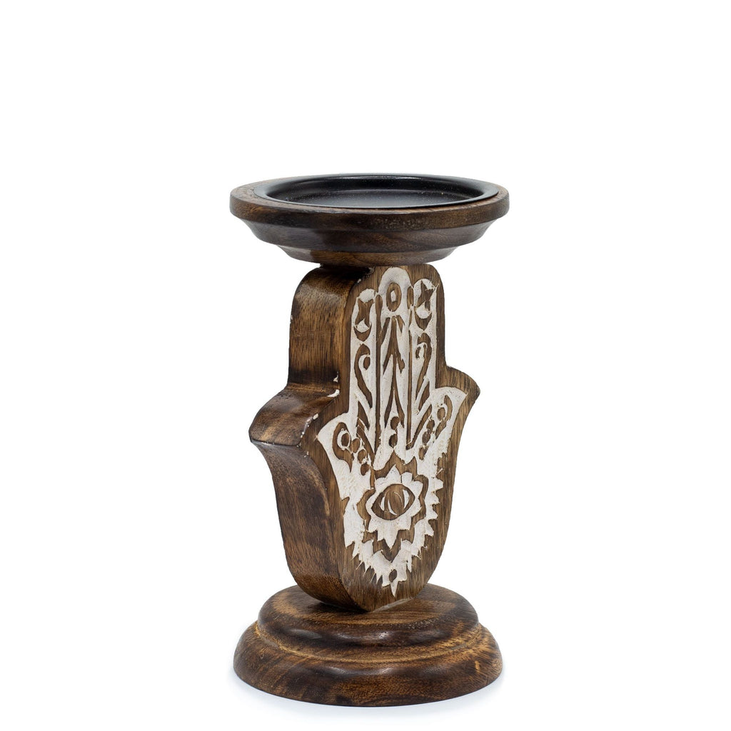 Mango Wood Candle Stand - Hamsa - Small 18x11cm - Wooden Candle Holders