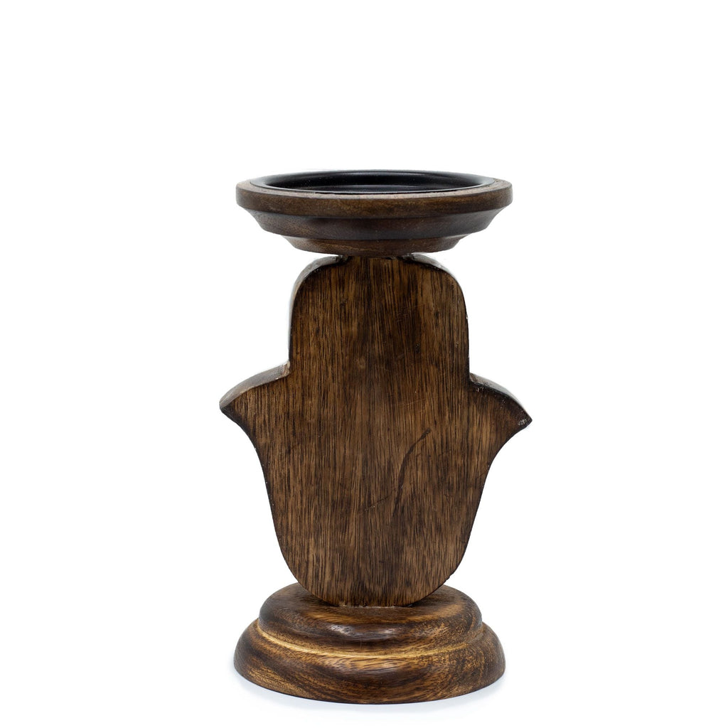 Mango Wood Candle Stand - Hamsa - Small 18x11cm - Wooden Candle Holders