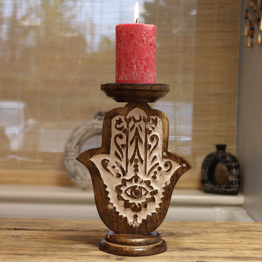 Mango Wood Candle Stand - Hamsa - Small 18x11cm - Wooden Candle Holders