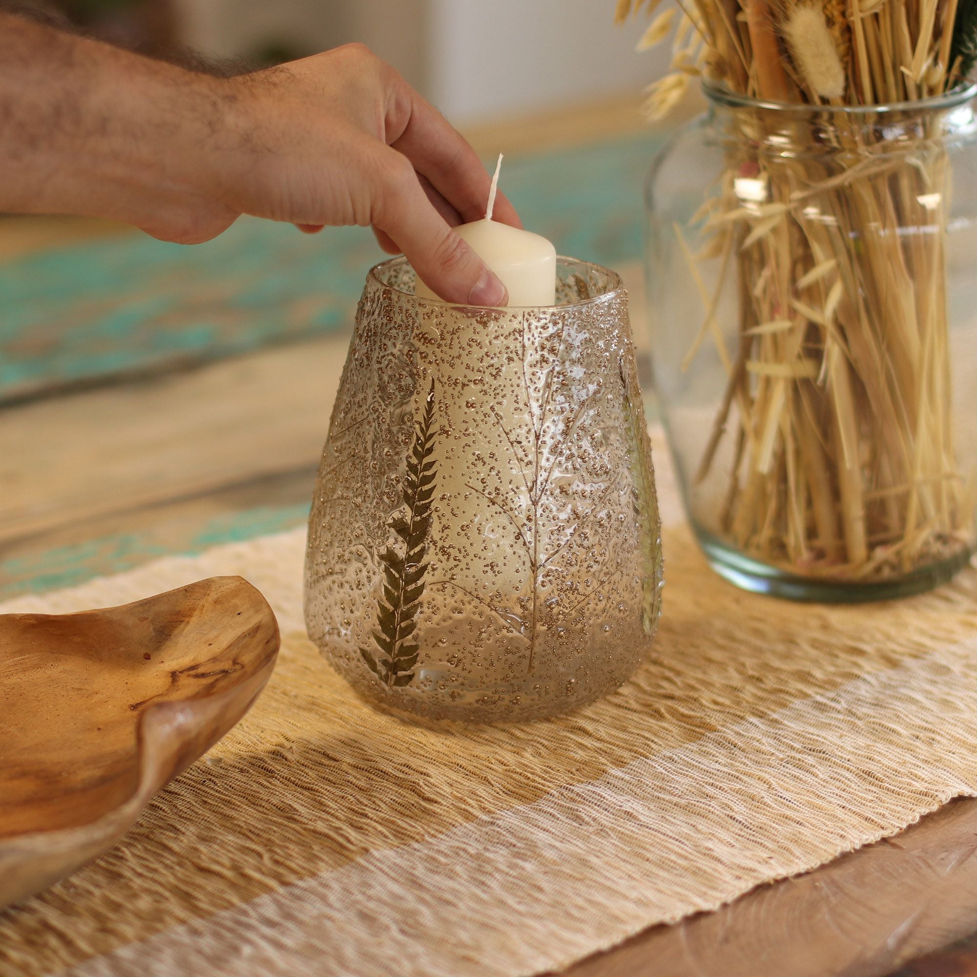 Natural Floral Glass - Large Bowl Candle Holder - Pino - (15x12cm) - Natural Floral Glass Candle Holders