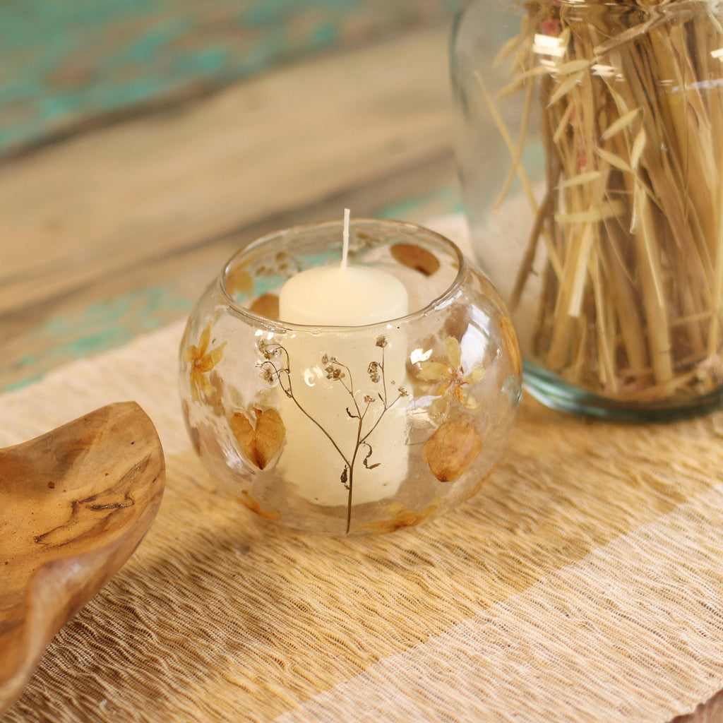 Natural Floral Glass - Large Bowl Candle Holder - Rosa - (12x13cm) - Natural Floral Glass Candle Holders