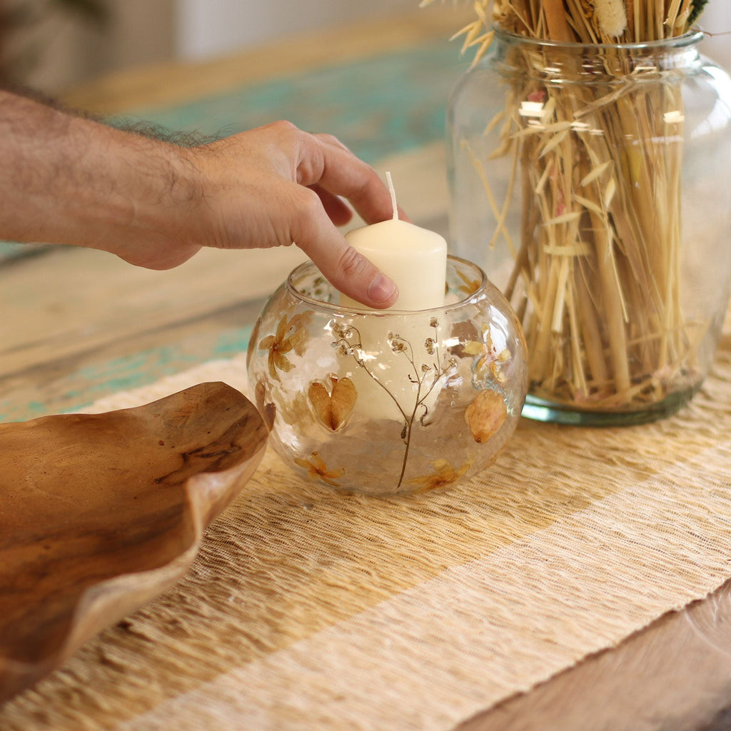 Natural Floral Glass - Large Bowl Candle Holder - Rosa - (12x13cm) - Natural Floral Glass Candle Holders