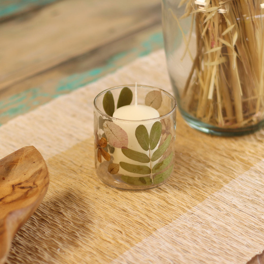 Natural Floral Glass - Straight Candle Holder - Primavera - (8x8cm) - Natural Floral Glass Candle Holders