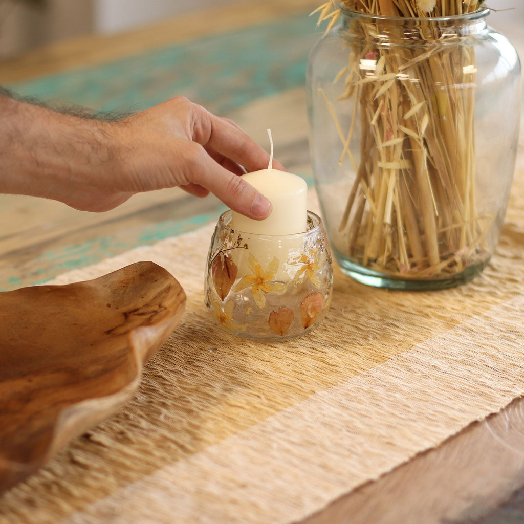 Natural Floral Glass - Straight Candle Holder - Rosa - (8x8cm) - Natural Floral Glass Candle Holders