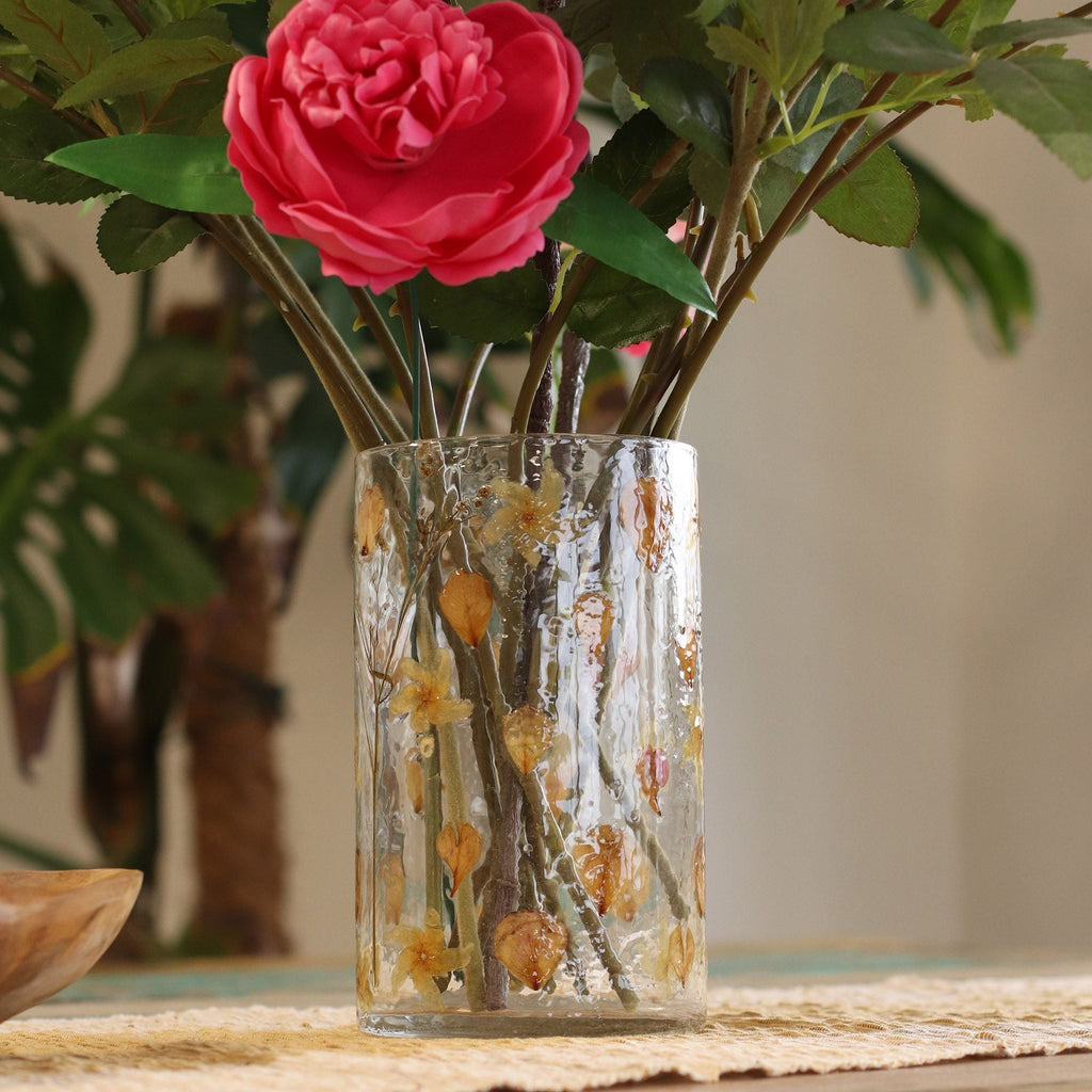 Natural Floral Glass - Tall Vase Candle Holder - Rose - (19x11cm) - Natural Floral Glass Candle Holders