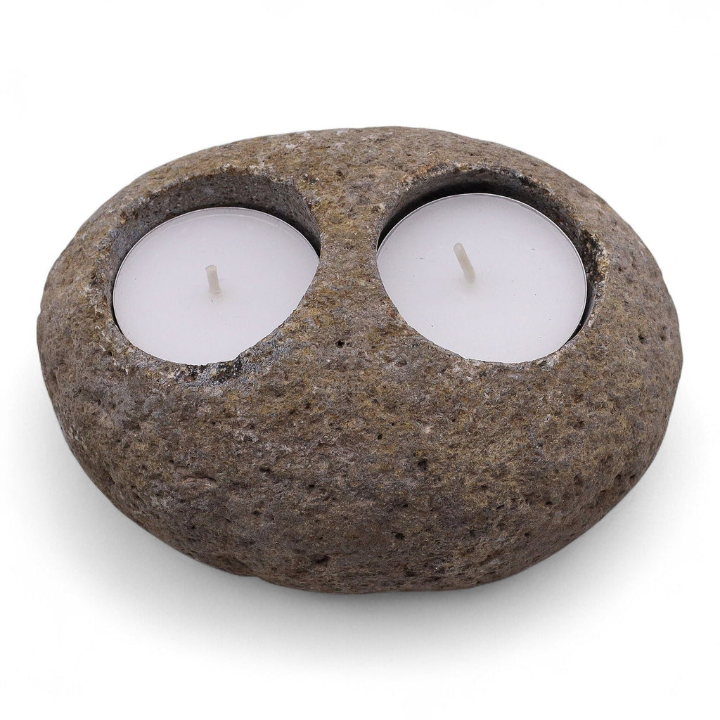 Natural Riverstone Candle Holder - Double Nightlight - Riverside Stone Candle Holders