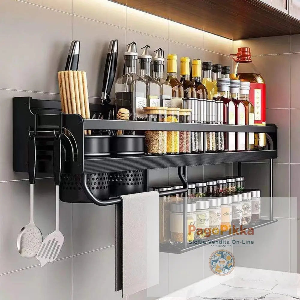 Portaoggetti da cucina multifunzione da parete in alluminio nero senza punzonatura porta bottiglie per condimenti