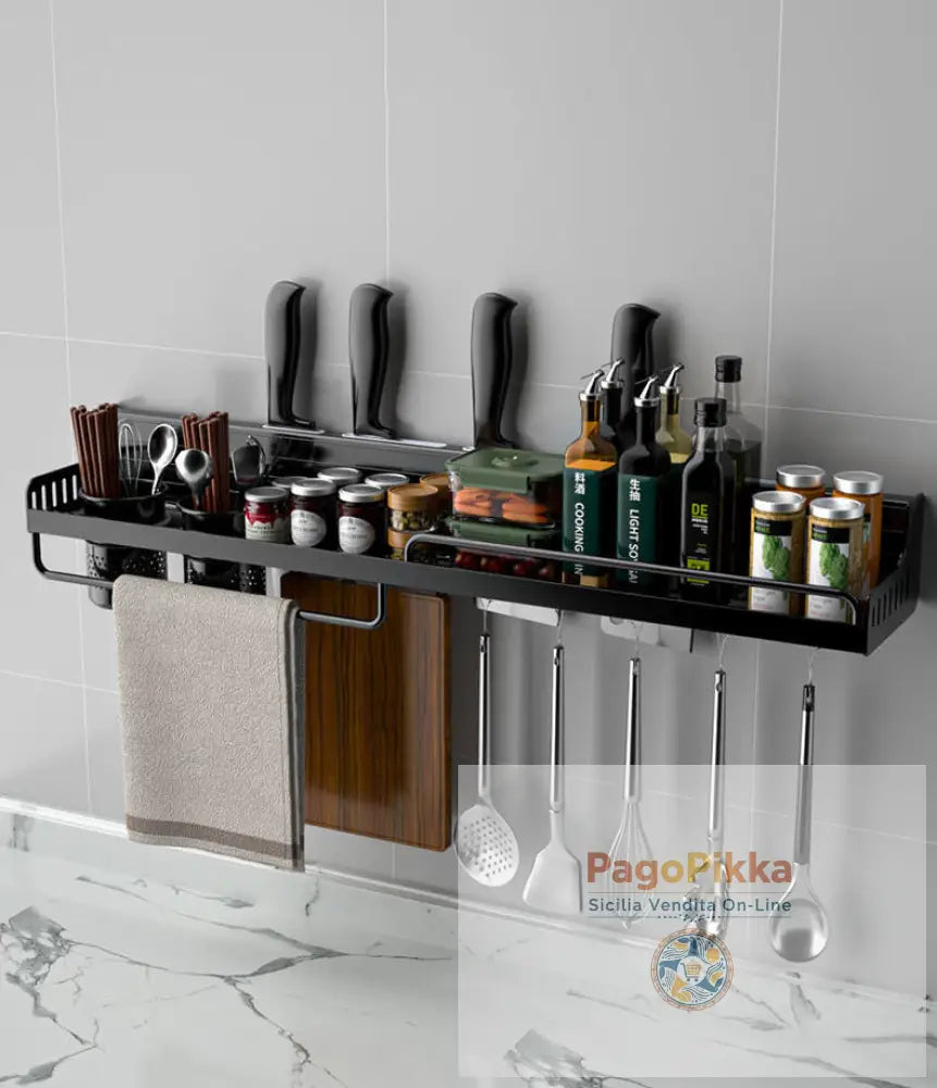 Portaoggetti da cucina multifunzione da parete in alluminio nero senza punzonatura porta bottiglie per condimenti