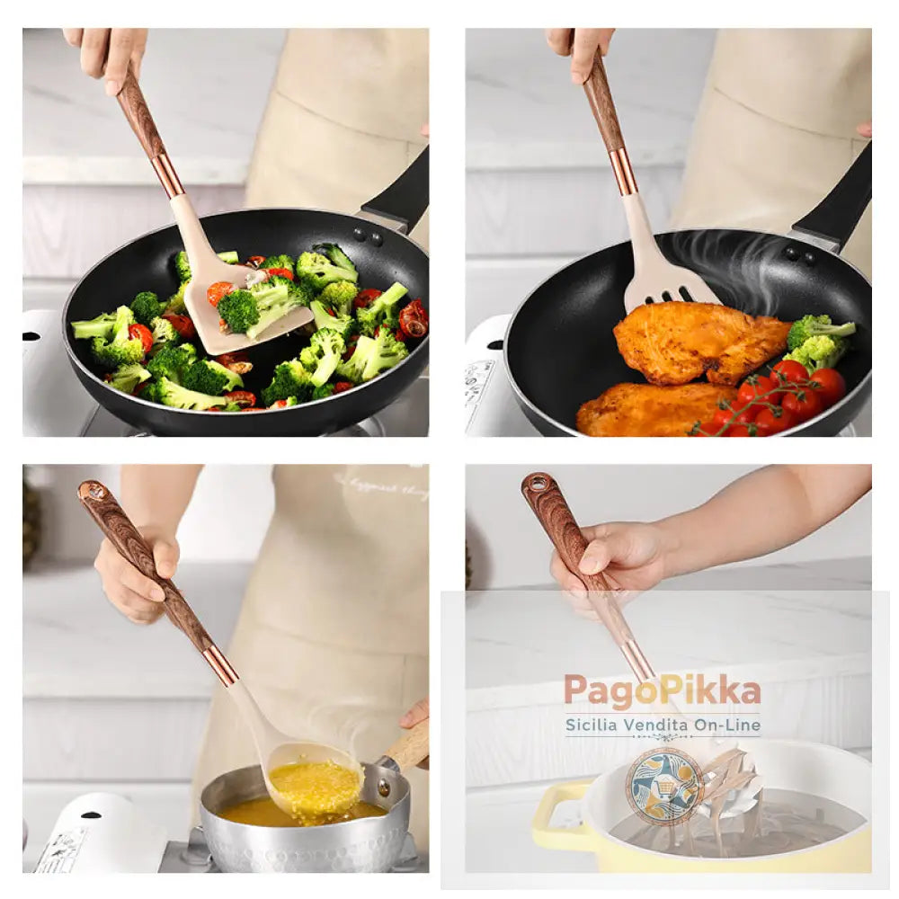 Set di utensili da cucina da 10 pezzi set di utensili da cucina con manico in legno utensili da cucina in silicone