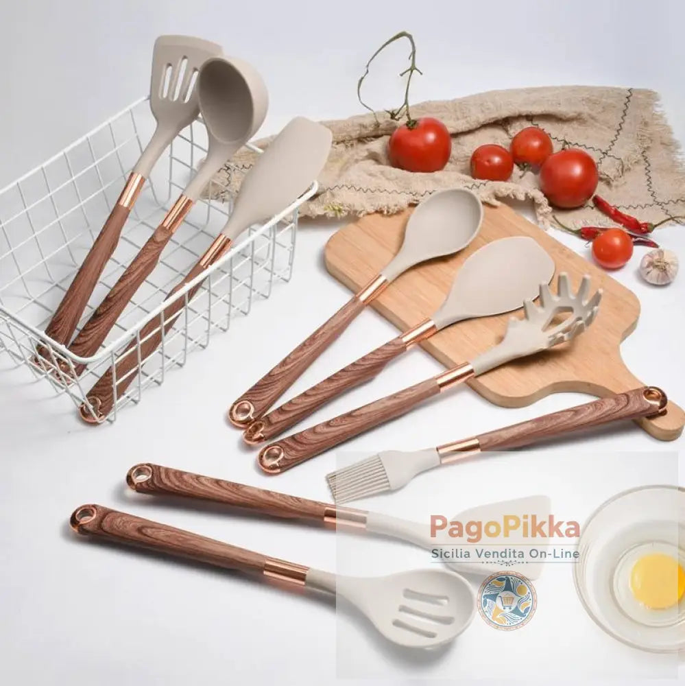 Set di utensili da cucina da 10 pezzi set di utensili da cucina con manico in legno utensili da cucina in silicone
