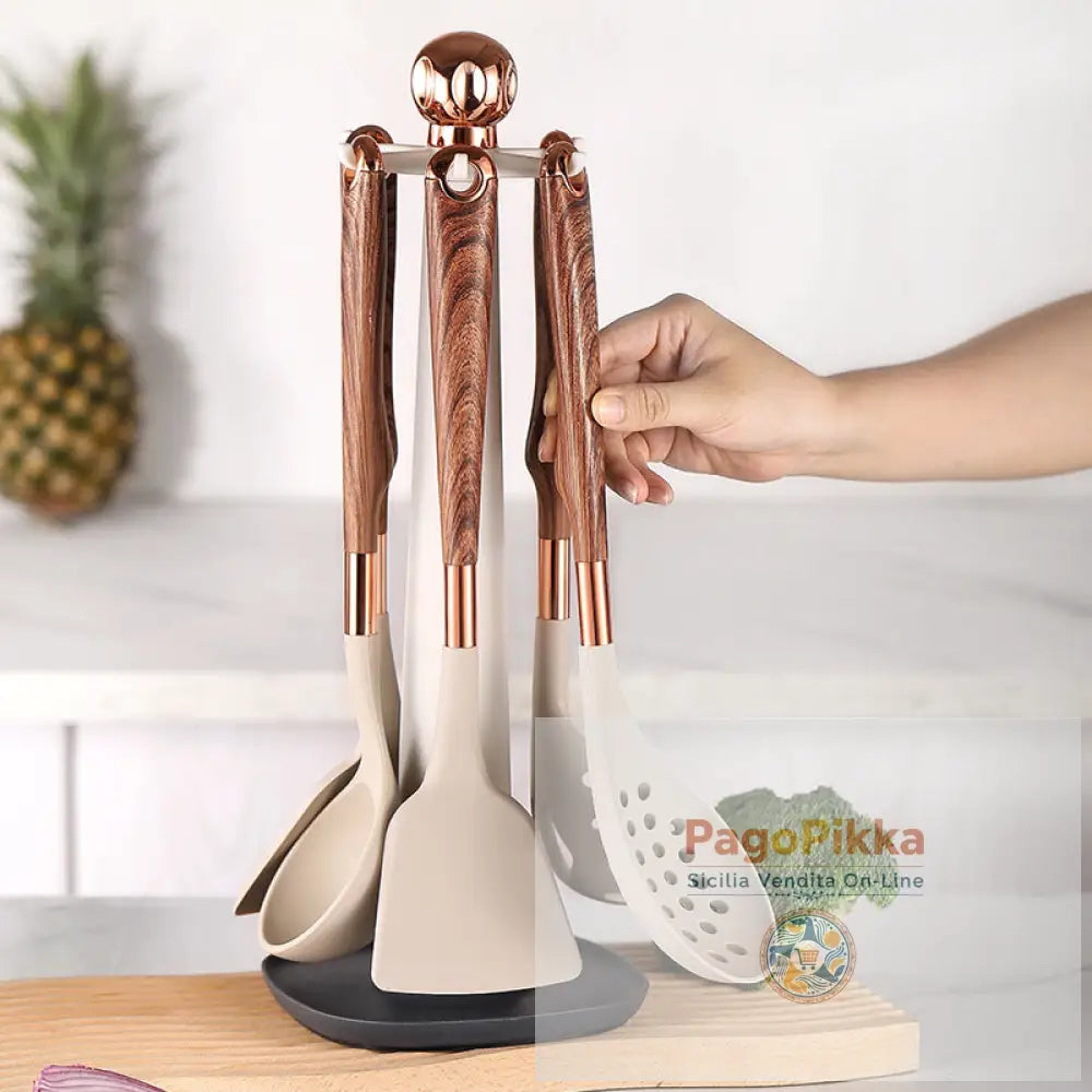 Set di utensili da cucina da 10 pezzi set di utensili da cucina con manico in legno utensili da cucina in silicone